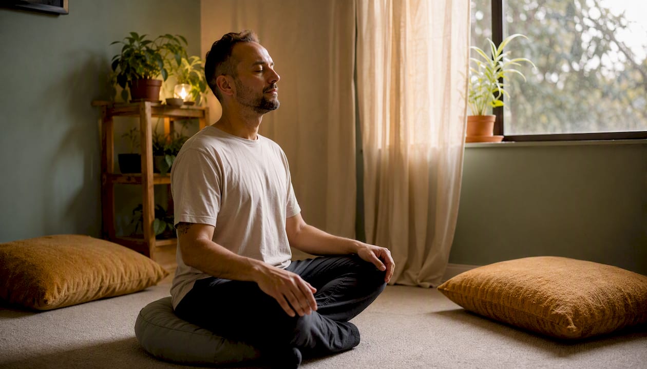Person seated practicing box breathing meditation