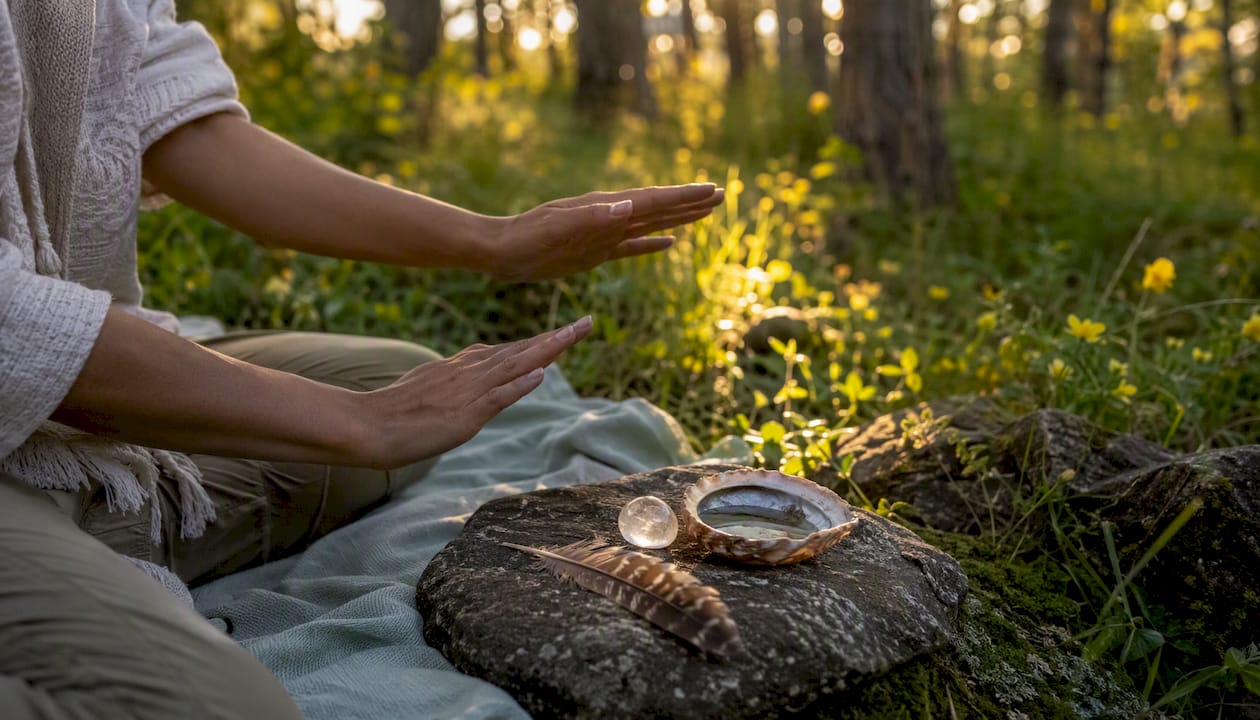 Hands performing cord-cutting gesture outdoors